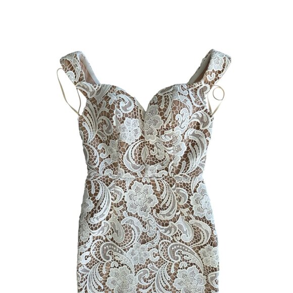 SISTARESS White Lace Nude Lined MIDI Weddjng Cocktail Dress Size Small - Picture 4 of 9